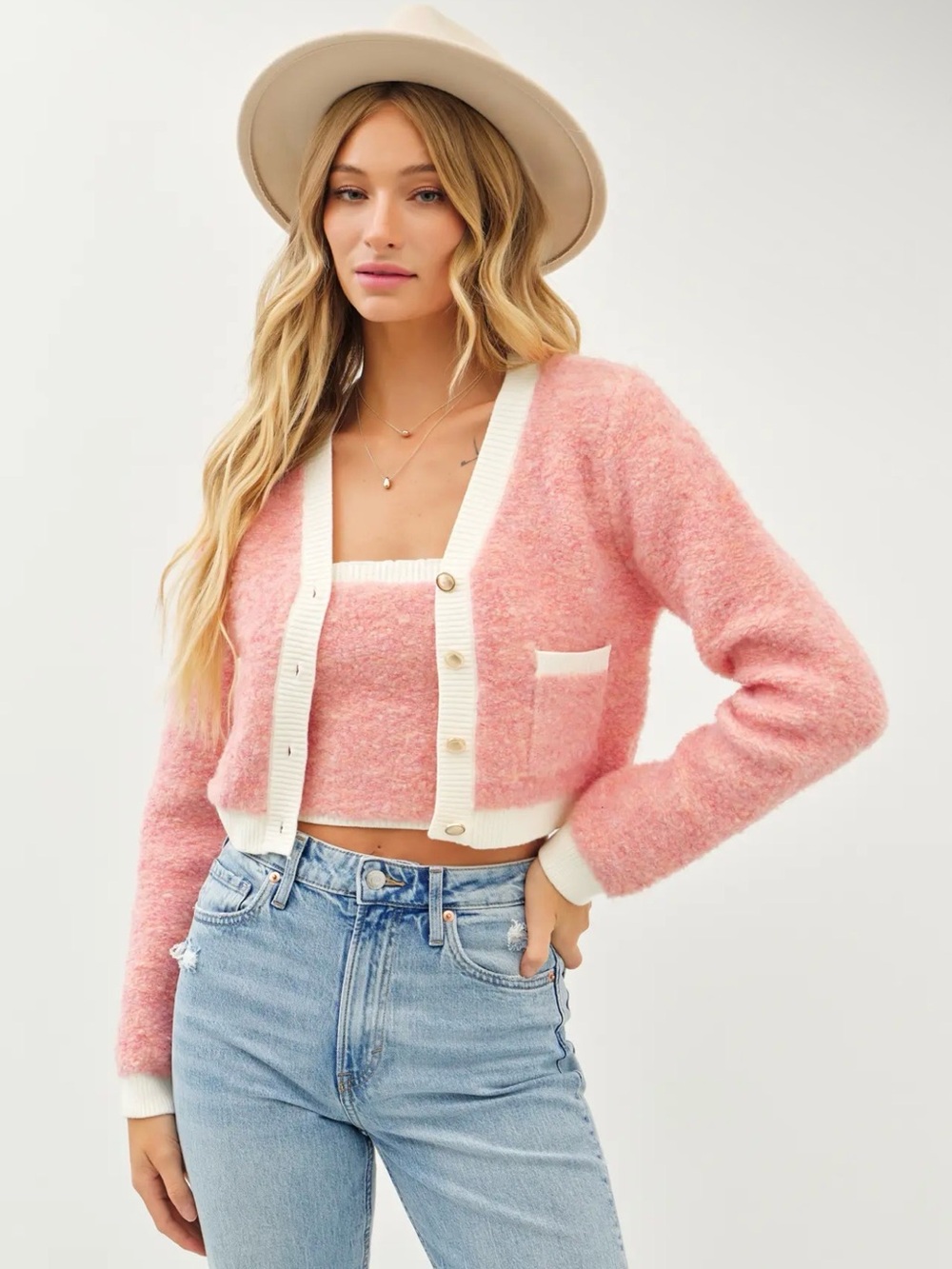 Fuzzy Knit Cardigan & Tube Top 2-Piece Sweater Set in Pink Coral NWT